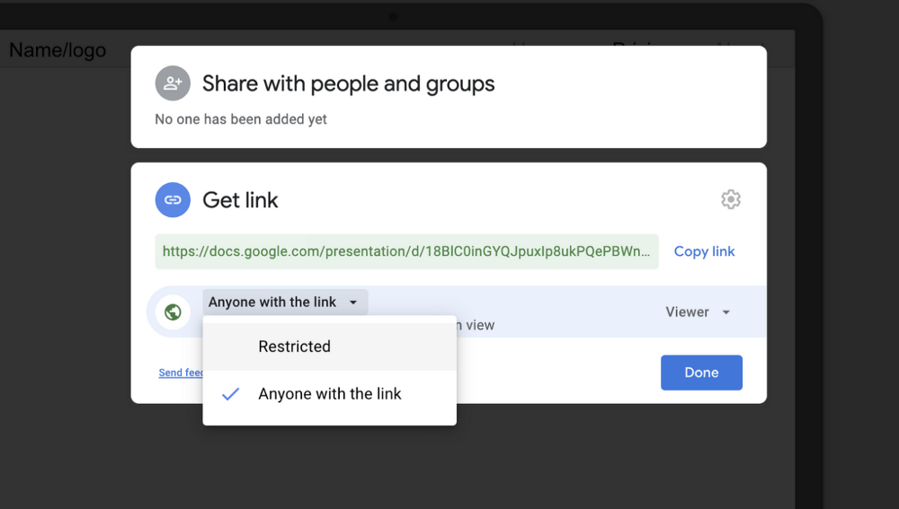 Sharing prototype via email or copying the link in Google Slides